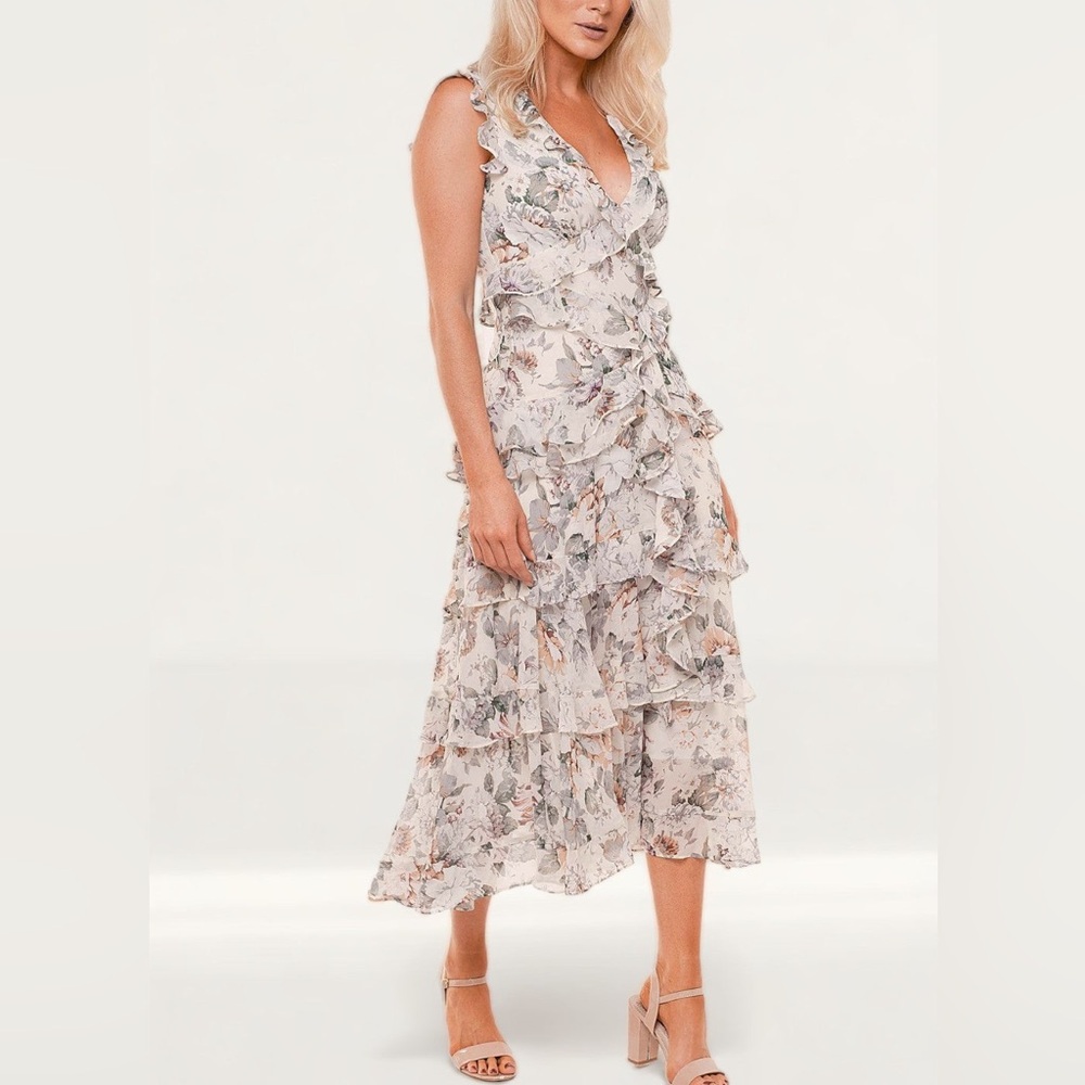 Bardot Floral Ruffle Midi Dress in Blush and Sage